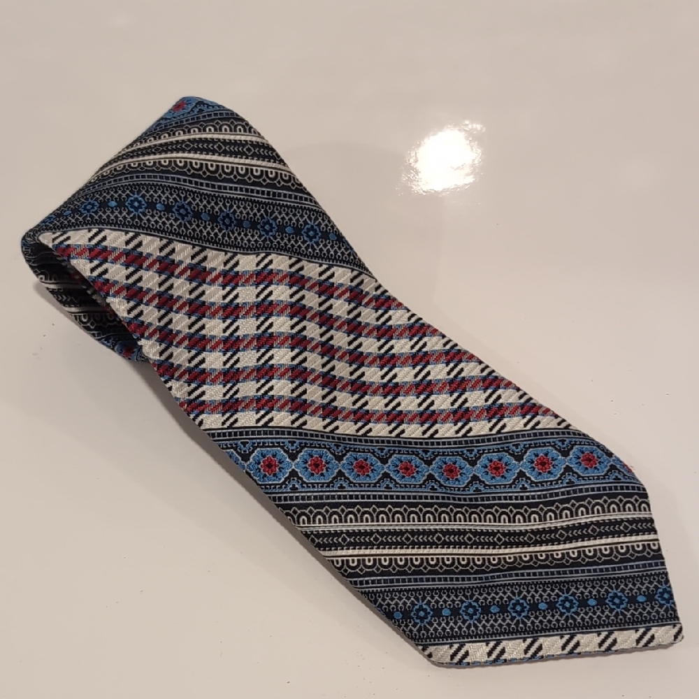 Vintage Christian Dior Neck Tie 70's Kipper Stripes Plaid Red Blue